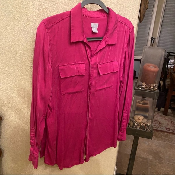 CHICO’S Women Pink Fuchsia 100% Modal Button Long Sleeve Top Size 2 (12/14) - Picture 3 of 7